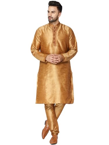 SKAVIJ Herren Art Silk Kurta Pyjama Indischer traditioneller Anzug Festliche Jahreszeit Kleid Set (Braun, L) von SKAVIJ