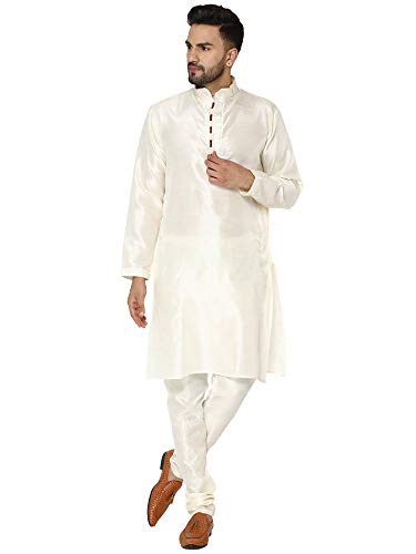 SKAVIJ Herren Art Silk Kurta Pyjama Indischer traditioneller Anzug Festliche Jahreszeit Kleid Set (Cremefarben, S) von SKAVIJ