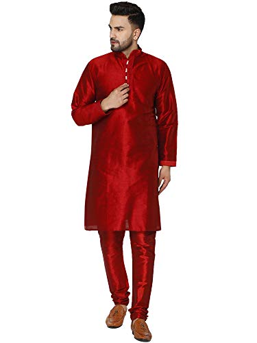 SKAVIJ Herren Art Silk Kurta Pyjama Indischer traditioneller Anzug Festliche Jahreszeit Kleid Set (Rot, S) von SKAVIJ