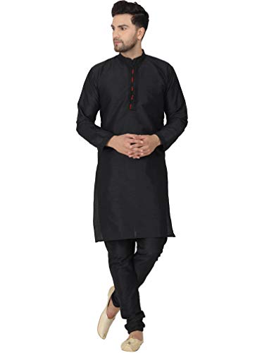 SKAVIJ Herren Art Silk Kurta Pyjama Indischer traditioneller Anzug Festliche Jahreszeit Kleid Set (Schwarz, L) von SKAVIJ