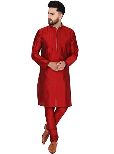 SKAVIJ Herren Art Silk Kurta Pyjama Set indische Kleidung Anzüge (Rot, S) von SKAVIJ