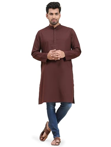 SKAVIJ Herren Baumwolle Kurta Langarm Beiläufig Tunika (Braun, L) von SKAVIJ