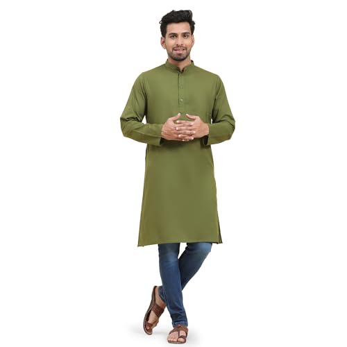 SKAVIJ Herren Baumwolle Kurta Langarm Beiläufig Tunika (Olivgrün, XXL) von SKAVIJ