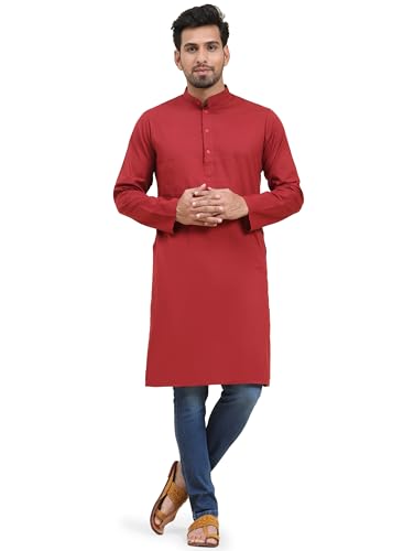 SKAVIJ Herren Baumwolle Kurta Langarm Beiläufig Tunika (Rot, L) von SKAVIJ