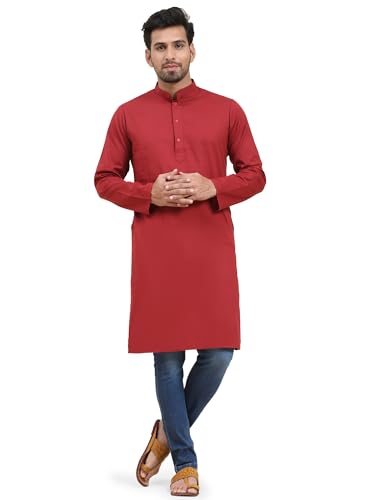 SKAVIJ Herren Baumwolle Kurta Langarm Beiläufig Tunika (Rot, L) von SKAVIJ