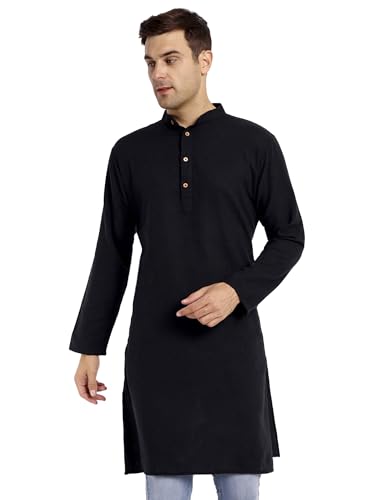 SKAVIJ Herren Baumwolle Lang Kurta Zwanglos Shirt Schwarz L von SKAVIJ