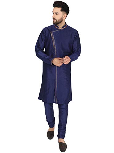 SKAVIJ Herren Dupion Art Seide Kurta Pyjama Indian Ethnisch Outfit Set (Blau, L) von SKAVIJ