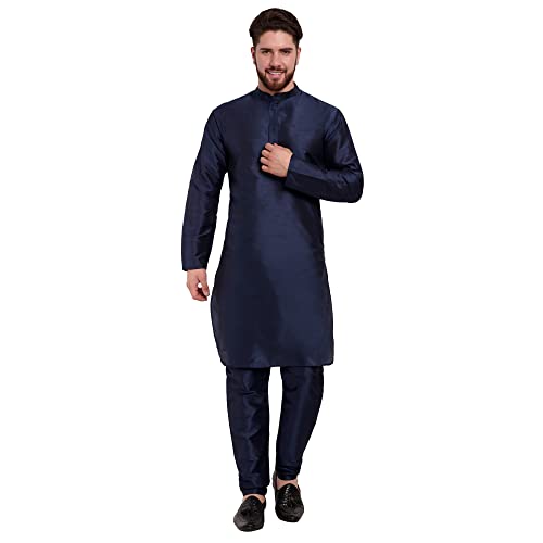 SKAVIJ Herren Dupion Art Seide Kurta Pyjama Set Partei Tragen Ethnisch Outfit Kleid (Blau, M) von SKAVIJ