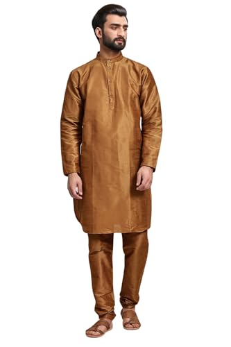 SKAVIJ Herren Dupion Art Seide Kurta Pyjama Set Partei Tragen Ethnisch Outfit Kleid (Braun, S) von SKAVIJ
