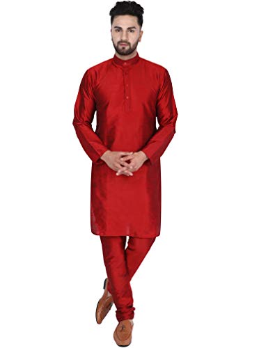 SKAVIJ Herren Dupion Art Seide Kurta Pyjama Set Partei Tragen Ethnisch Outfit Kleid (Rot, L) von SKAVIJ