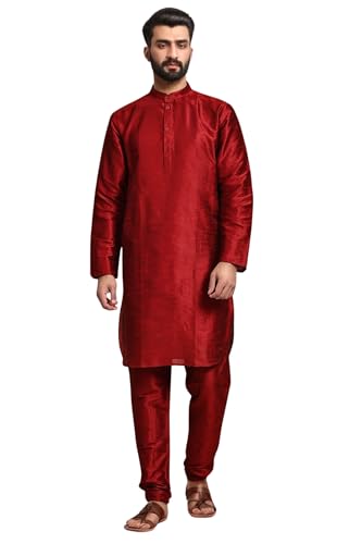SKAVIJ Herren Dupion Art Seide Kurta Pyjama Set Partei Tragen Ethnisch Outfit Kleid (Rot, S) von SKAVIJ