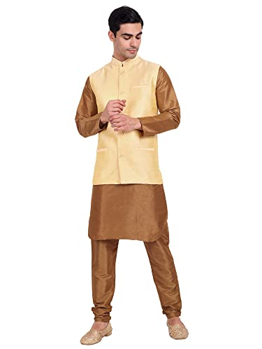 SKAVIJ Herren Dupion Seide Kurta Pyjama und Nehru-Jacke (Weste) Ethnisches Kleid-Set (Medium,Beige) von SKAVIJ