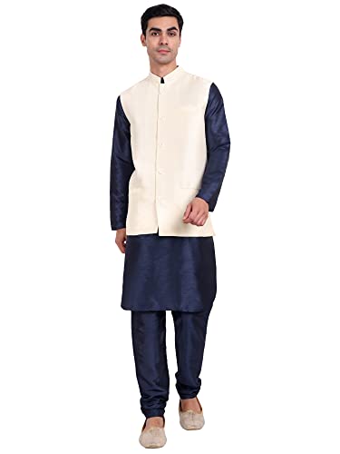 SKAVIJ Herren Dupion Seide Kurta Pyjama und Nehru-Jacke (Weste) Ethnisches Kleid-Set (Medium,Cremefarben) von SKAVIJ