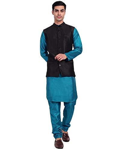 SKAVIJ Herren Dupion Seide Kurta Pyjama und Nehru-Jacke (Weste) Ethnisches Kleid-Set (Medium,Schwarz) von SKAVIJ