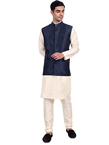 SKAVIJ Herren Dupion Seide Kurta Pyjama und Nehru-Jacke (Weste) Ethnisches Kleid-Set (Small, Blau) von SKAVIJ