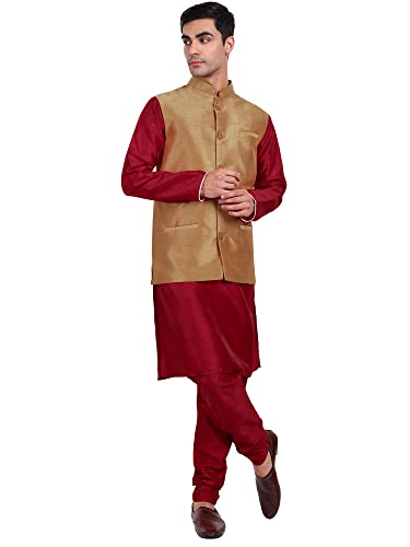 SKAVIJ Herren Dupion Seide Kurta Pyjama und Nehru-Jacke (Weste) Ethnisches Kleid-Set (X-Large,Braun) von SKAVIJ