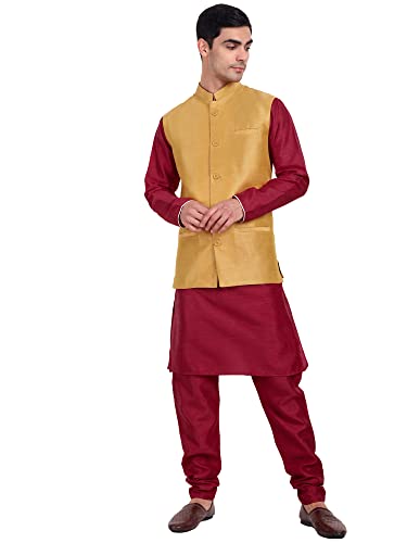SKAVIJ Herren Dupion Seide Kurta Pyjama und Nehru-Jacke (Weste) Ethnisches Kleid-Set (X-Large,Gold) von SKAVIJ