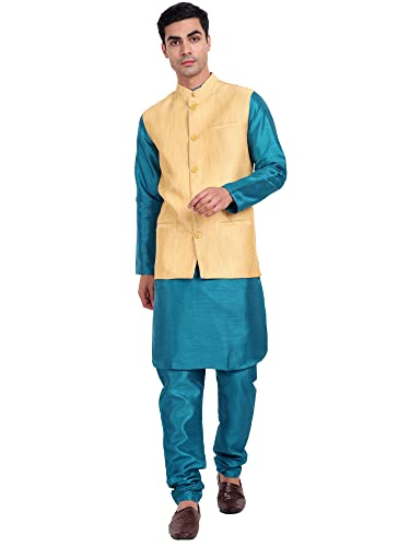 SKAVIJ Herren Dupion Seide Kurta Pyjama und Nehru-Jacke (Weste) Hochzeit Kleid-Set (Medium,Beige) von SKAVIJ