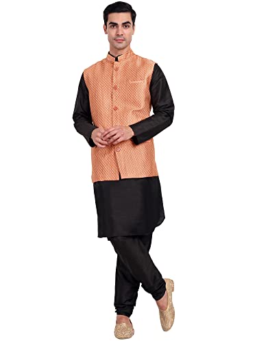 SKAVIJ Herren Dupion Seide Kurta Pyjama und Nehru-Jacke (Weste) Hochzeit Kleid-Set (X-Large,Orange) von SKAVIJ