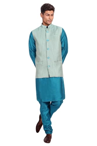 SKAVIJ Herren Dupion Seide Kurta Pyjama und Nehru-Jacke (Weste) Hochzeit Kleid-Set (X-Large,Turkis) von SKAVIJ