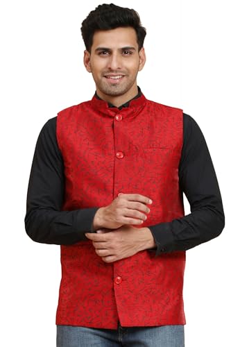SKAVIJ Herren Dupion seide Nehru-Jacke Traditionell Indien Weste Gedruckt (X-Large, Rot) von SKAVIJ