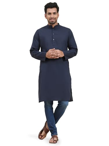 SKAVIJ Herren Baumwolle Kurta Langarm Beiläufig Tunika (Blau, M) von SKAVIJ