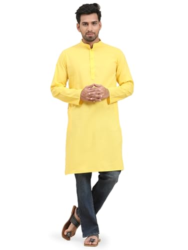 SKAVIJ Herren Baumwolle Kurta Langarm Beiläufig Tunika (Gold, S) von SKAVIJ