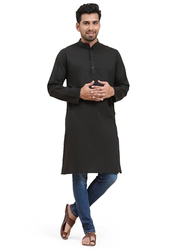 SKAVIJ Herren Baumwolle Kurta Langarm Beiläufig Tunika (Schwarz, XL) von SKAVIJ