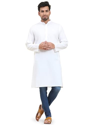 SKAVIJ Herren Baumwolle Kurta Langarm Beiläufig Tunika (Weiß, L) von SKAVIJ