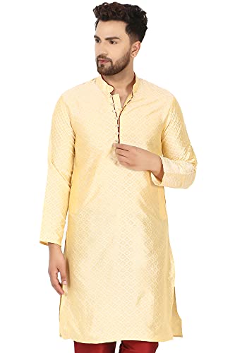 SKAVIJ Herren Indian Kunst Seide Kurta Lässiges Langes Hemd Party Kleid (X Large, Beige) von SKAVIJ