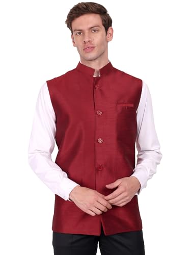 SKAVIJ Herren Indien Dupion seide Nehru-Jacke For Hochzeit (Large,Rot) von SKAVIJ