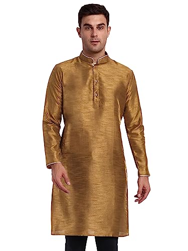 SKAVIJ Herren Indische Seide Tunika Kurta Ethnischen Verschleiß Lange Hemd Braun XL von SKAVIJ