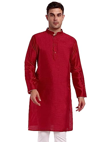 SKAVIJ Herren Indische Seide Tunika Kurta Ethnischen Verschleiß Lange Hemd Rot L von SKAVIJ