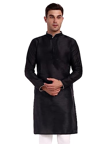 SKAVIJ Herren Indische Seide Tunika Kurta Ethnischen Verschleiß Lange Hemd Schwarz XL von SKAVIJ