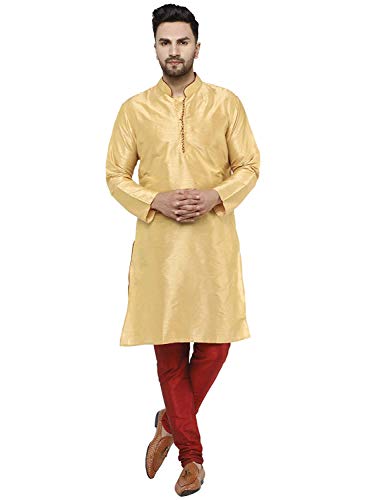 SKAVIJ Herren Indisches Kurta-Pyjama-Set Kunstseide Outfit lässig reguläre Passform (Beige, M) von SKAVIJ