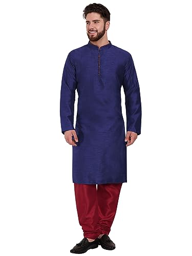 SKAVIJ Herren Indisches Kurta-Pyjama-Set Kunstseide Outfit lässig reguläre Passform (Blau, L) von SKAVIJ