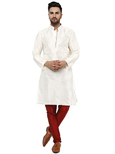 SKAVIJ Herren Indisches Kurta-Pyjama-Set Kunstseide Outfit lässig reguläre Passform (Cremefarben, S) von SKAVIJ