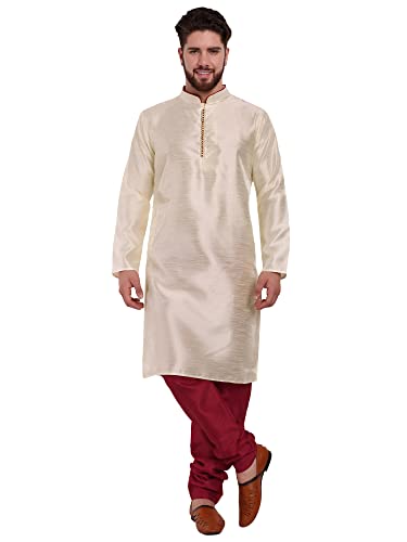 SKAVIJ Herren Indisches Kurta-Pyjama-Set Kunstseide Outfit lässig reguläre Passform (Cremefarben, XL) von SKAVIJ