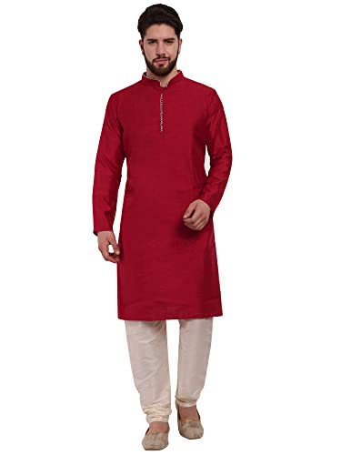 SKAVIJ Herren Indisches Kurta-Pyjama-Set Kunstseide Outfit lässig reguläre Passform (Rot, L) von SKAVIJ