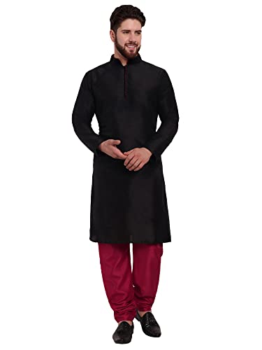 SKAVIJ Herren Indisches Kurta-Pyjama-Set Kunstseide Outfit lässig reguläre Passform (Schwarz, L) von SKAVIJ