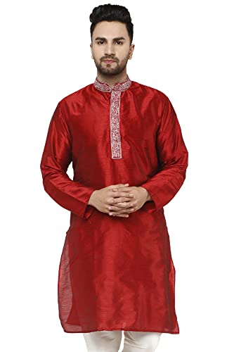 SKAVIJ Herren Kunst Seide Kurta Hochzeit Party Lässiges Langes Hemd Kleid (Groß, Rot) von SKAVIJ