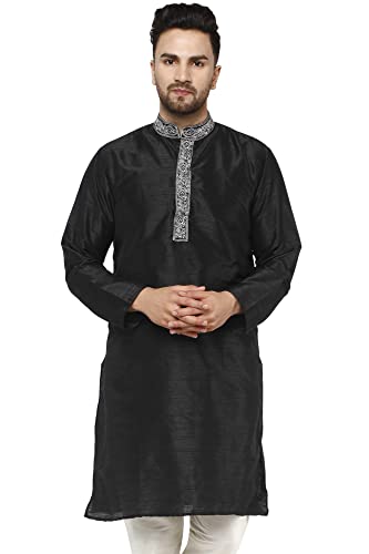 SKAVIJ Herren Kunst Seide Kurta Hochzeit Party Lässiges Langes Hemd Kleid (Groß, Schwarz) von SKAVIJ