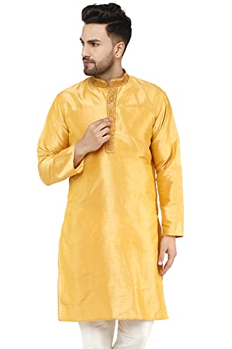 SKAVIJ Herren Kunst Seide Kurta Hochzeit Party Lässiges Langes Hemd Kleid (Klein, Gold) von SKAVIJ