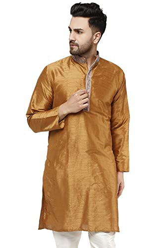 SKAVIJ Herren Kunst Seide Kurta Hochzeit Party Lässiges Langes Hemd Kleid (Mittel, Braun) von SKAVIJ