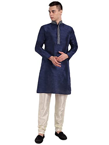 SKAVIJ Herren Kunstseide Kurta Pyjama Hochzeit Party Kleid (Blau, S) von SKAVIJ