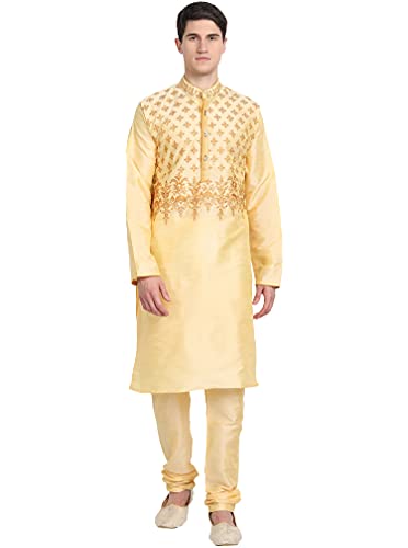 SKAVIJ Herren-Kurta-Pyjama-2-Teiliges Set Kunst Seide Gestick t Partei Tragen Anzug (Groß, Beige) von SKAVIJ