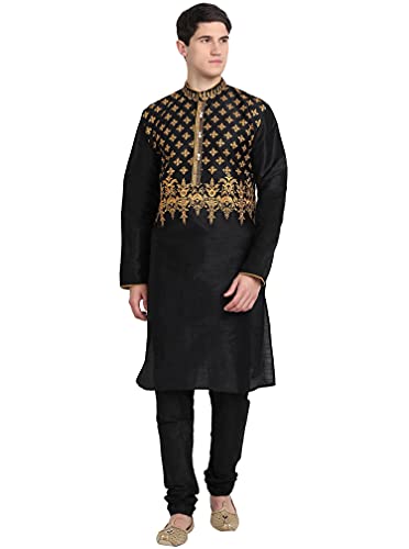 SKAVIJ Herren-Kurta-Pyjama-2-Teiliges Set Kunst Seide Gestick t Partei Tragen Anzug (Groß, Schwarz) von SKAVIJ