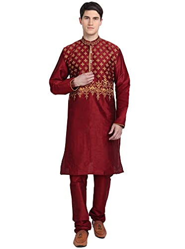 SKAVIJ Herren-Kurta-Pyjama-2-Teiliges Set Kunst Seide Gestick t Partei Tragen Anzug (Großer, Rot) von SKAVIJ