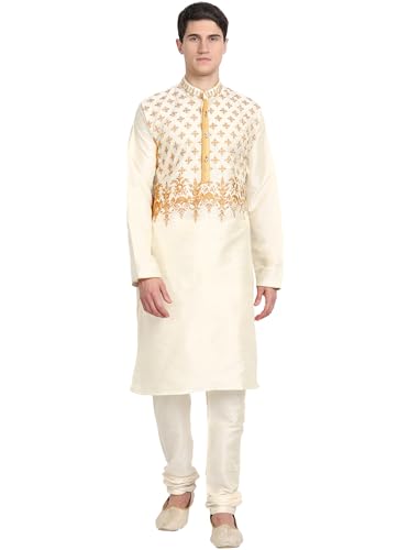 SKAVIJ Herren Kurta Pyjama 2-teiliges Set Kunst Seide besticktes Kleid, Cremefarben, L von SKAVIJ