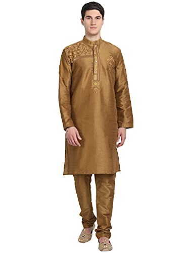 SKAVIJ Herren-Kurta-Pyjama-Set Indische Tunika Kunst Seide Partykleid Outfit (Groß, Braun) von SKAVIJ